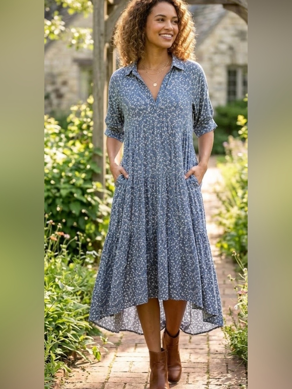 Natural Life Rebecca Blue & White Midi Dress Size Medium